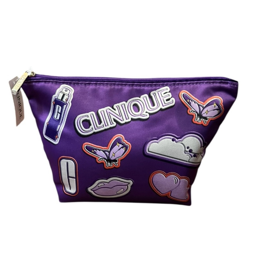 Clinique Purple Cosmetic Bag with Fun Print NWT